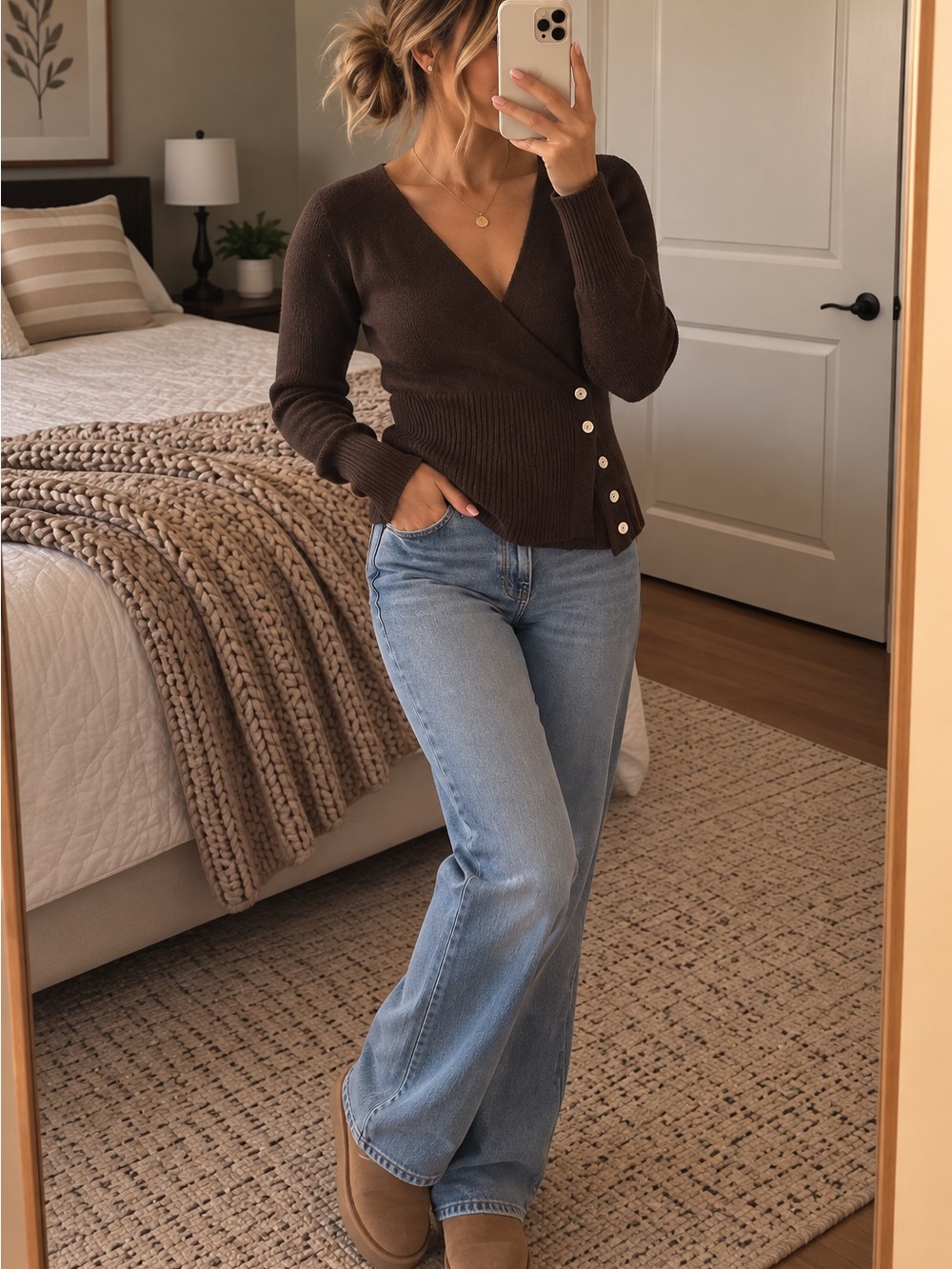 Brown Wrap Ribbed Sweater Top - Women's Cozy Knit